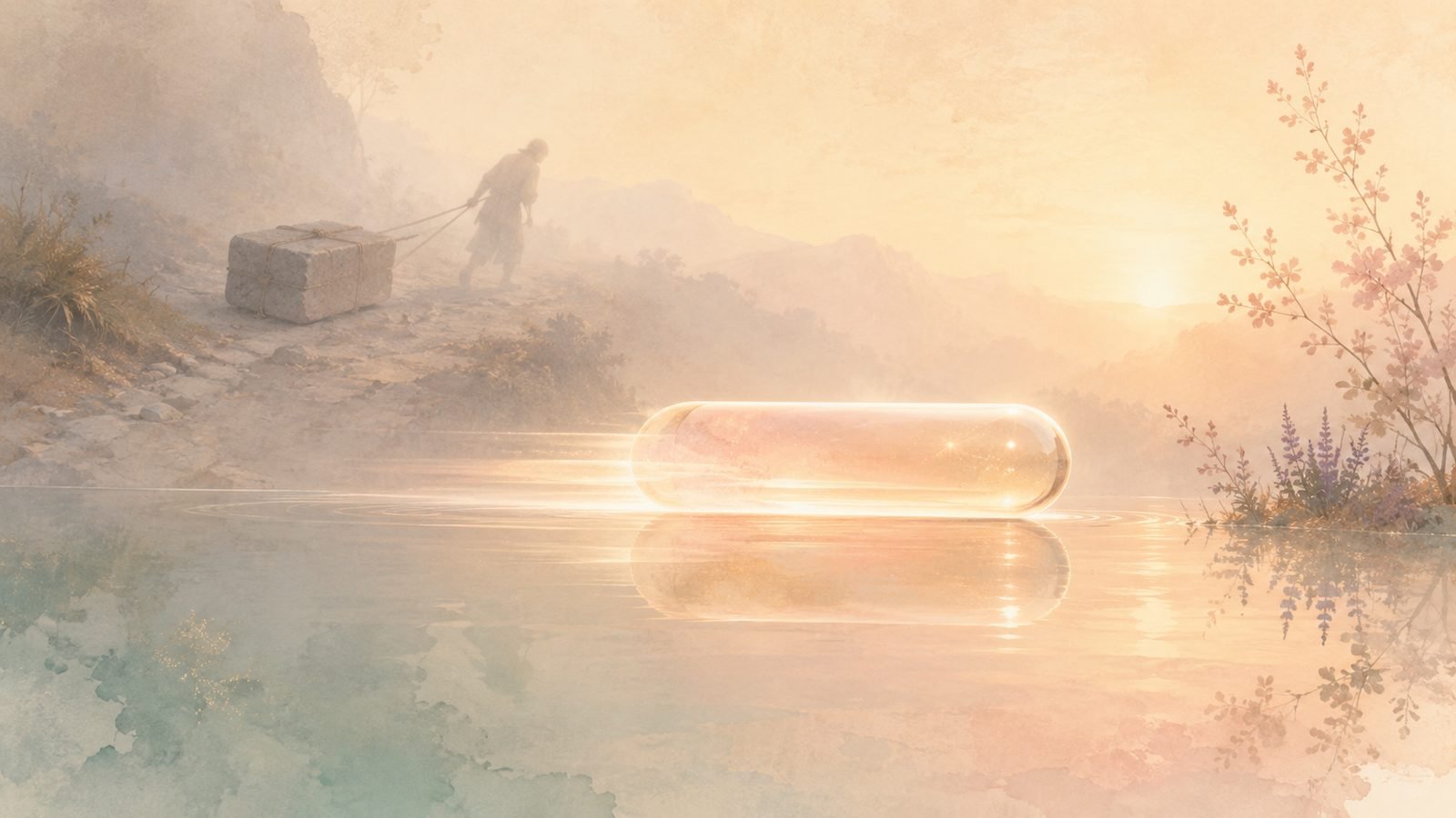 A translucent capsule gliding effortlessly, a heavy box on gravel fading behind it.