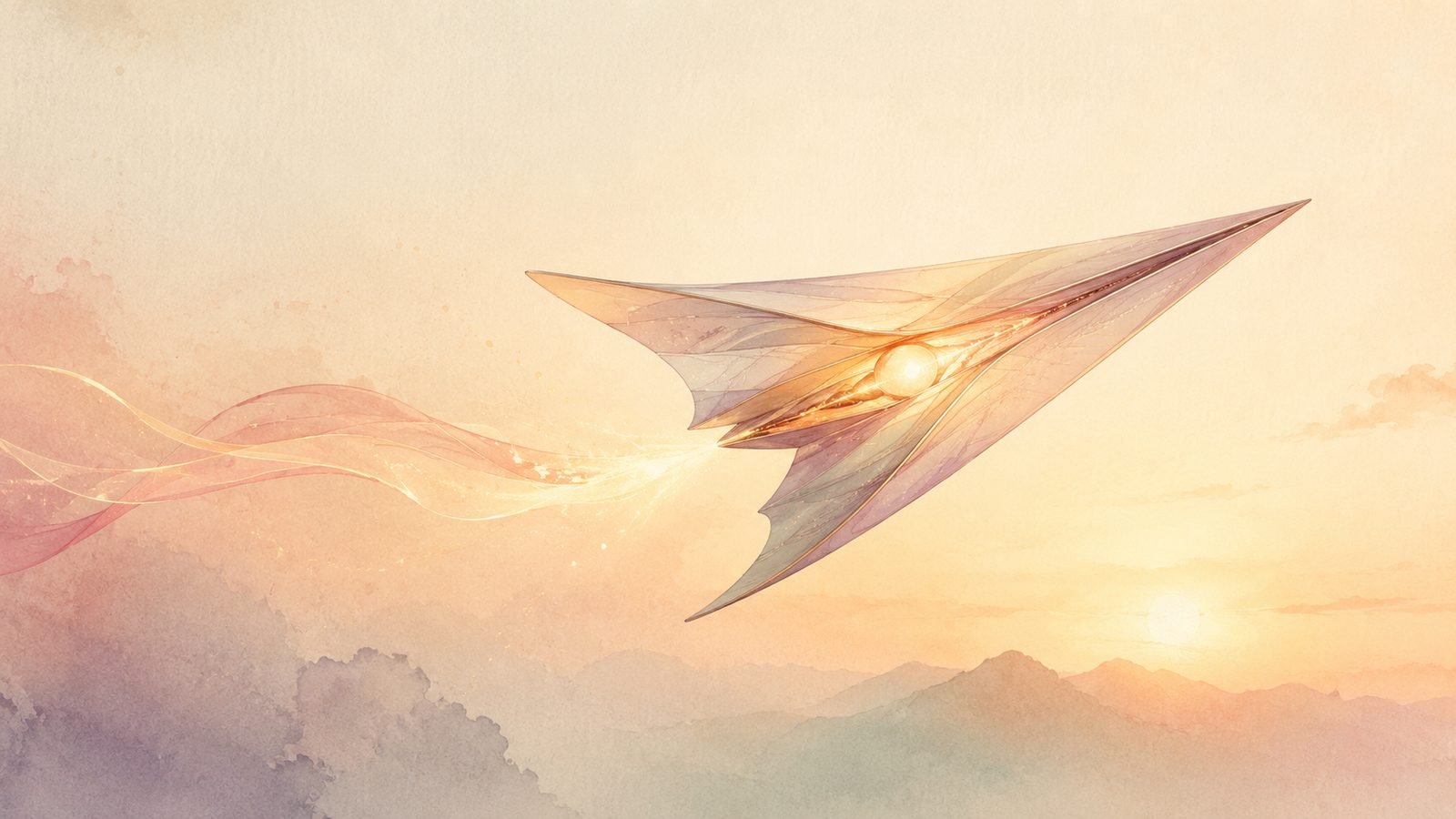 A streamlined glider in flight with a glowing core, like a hidden engine.