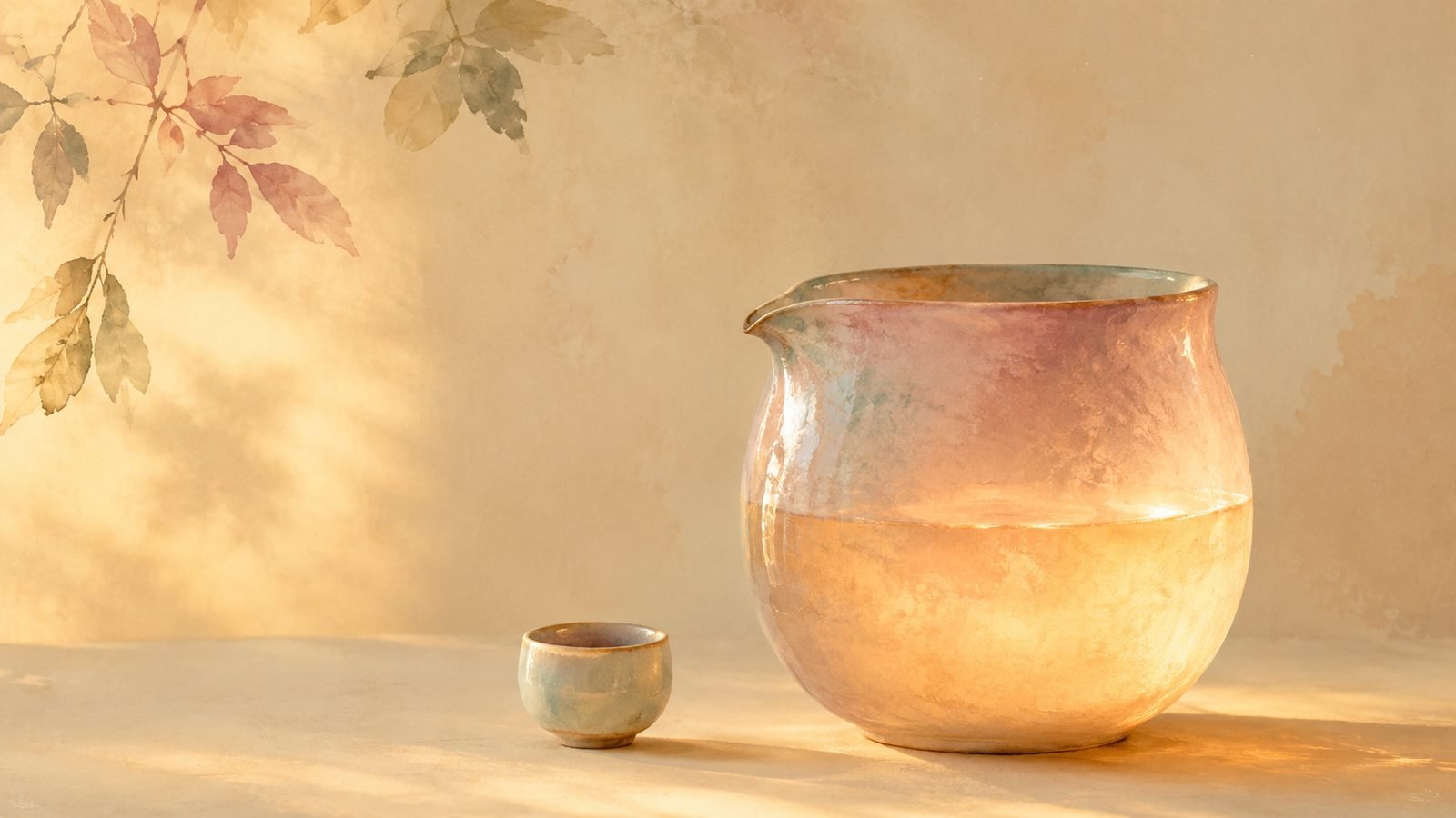 A large glowing vessel half-full of warm light beside a tiny cup.