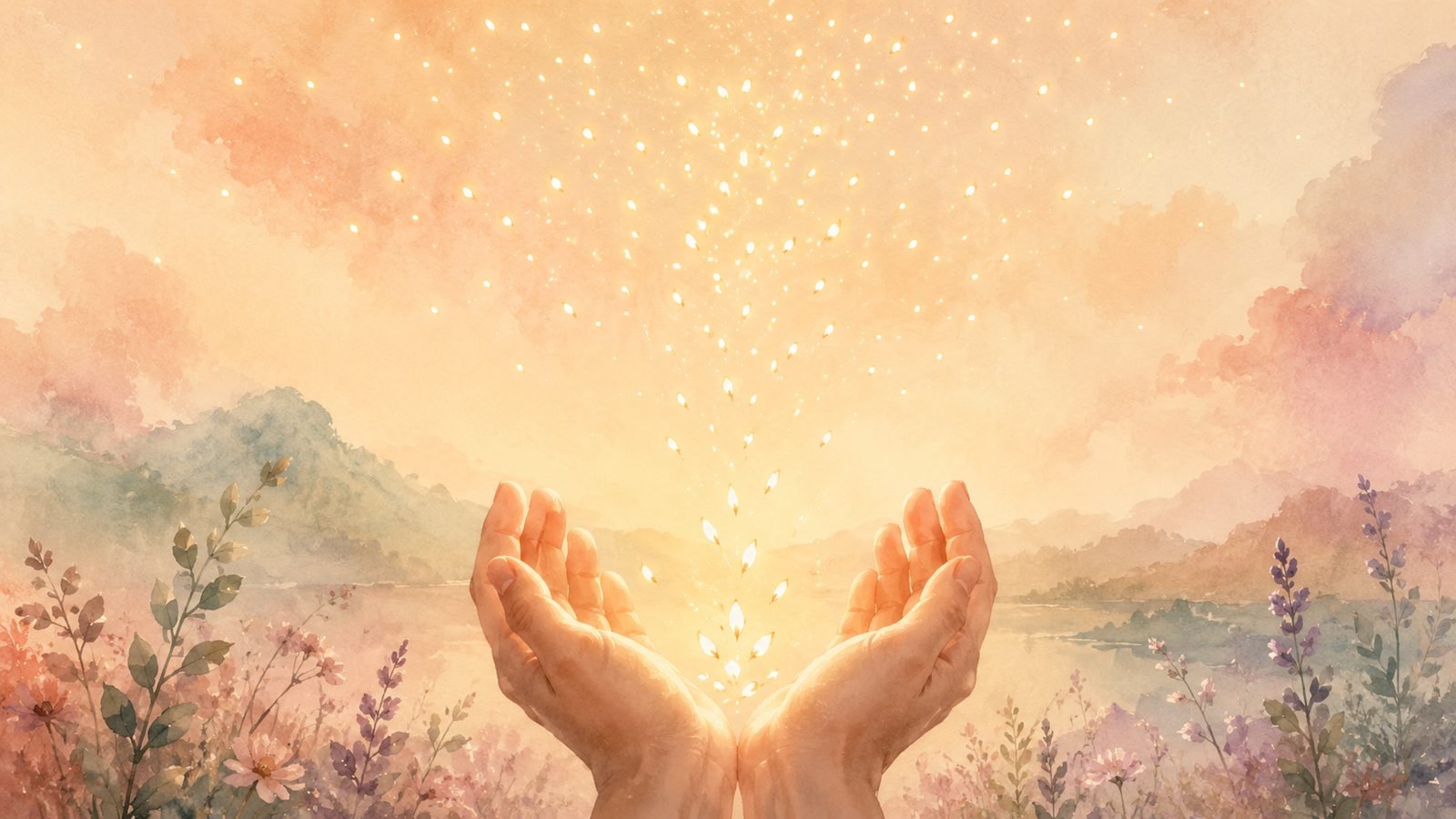 Cupped hands releasing embers of light that rise and multiply.