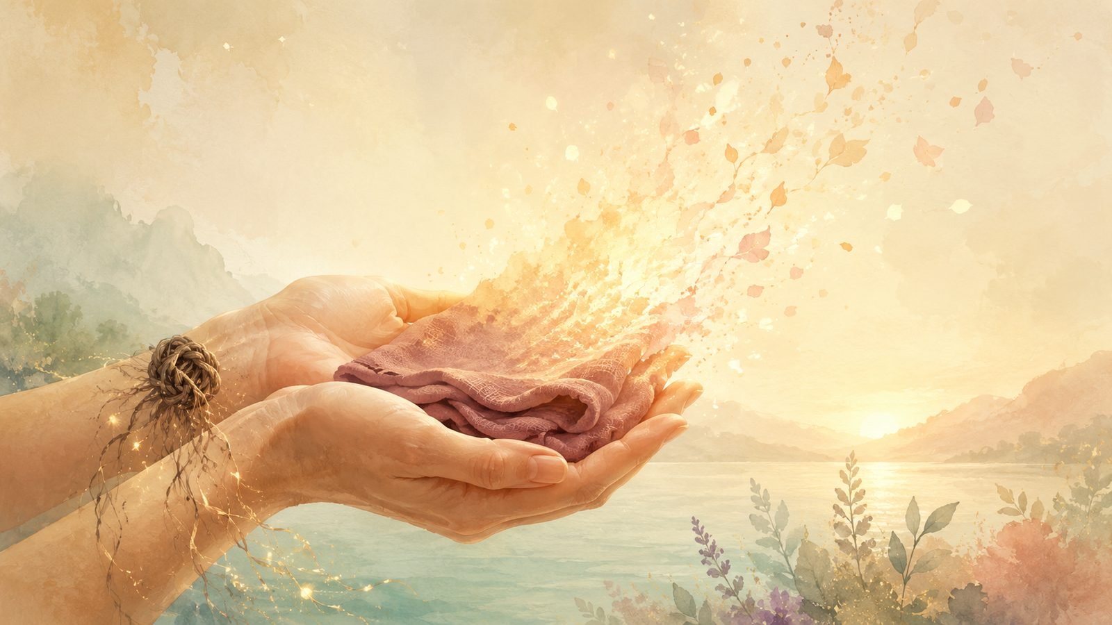 Hands offering a folded cloth dissolving into rising light.