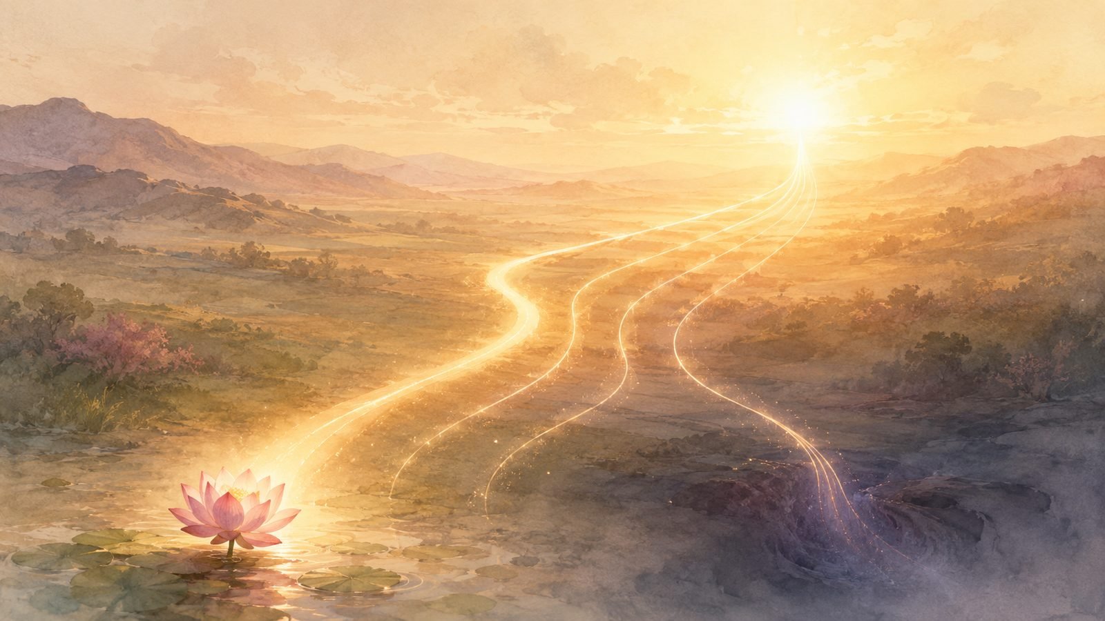 A ribbon of light curving upward toward a bright dawn horizon.