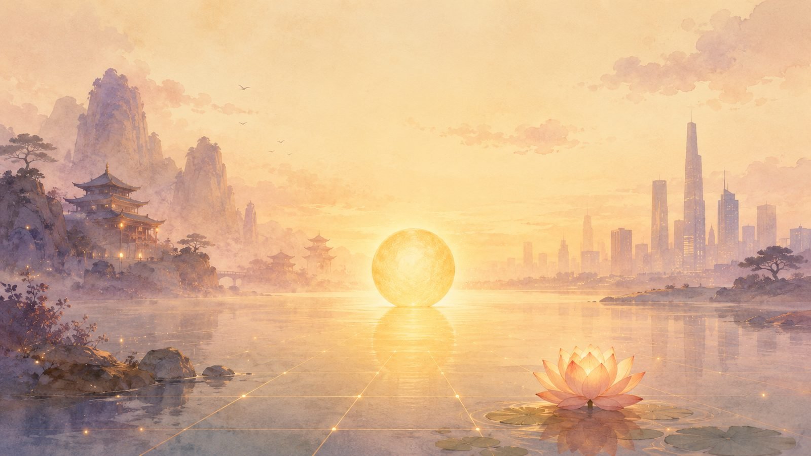 A warm sphere of light resting between an Eastern temple silhouette and a modern horizon at dawn.